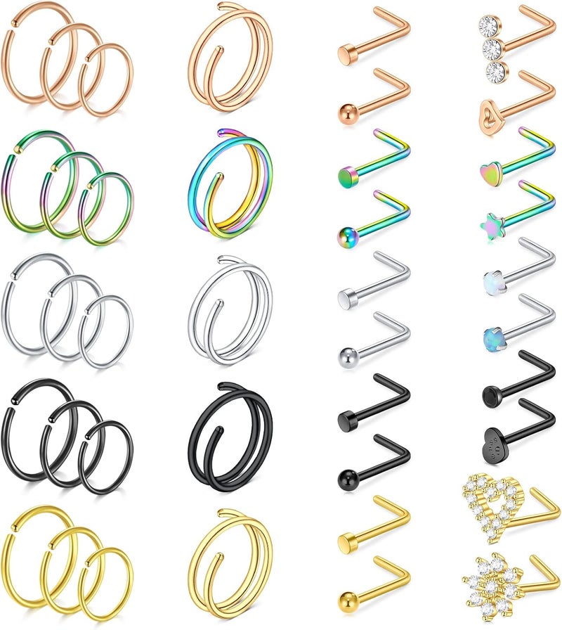 Mayhoop 20g Nose Rings Hoops And Studs For Women Men - Hypoallergenic 316L Surgical Stainless Steel L Shape Nose Screw Bone Silver Rose Gold Black Rainbow Pack 28Pcs - Image 1